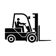 Black and white silhouette icon of a forklift truck with a driver