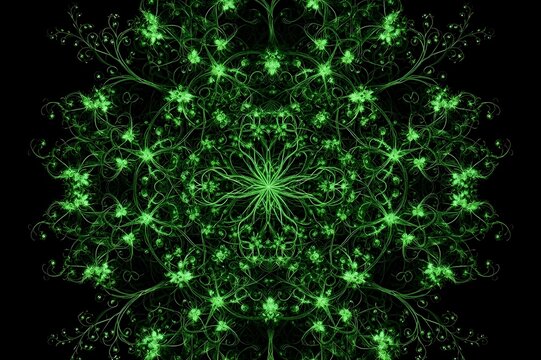 Vibrant Green Glowing Fractal Organic Pattern on Black Background