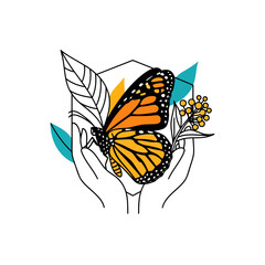 A beautiful vector art of a monarch butterfly. The modern, minimalist style with clean lines and a symbolic shield beautifully captures its delicate elegance and protected status