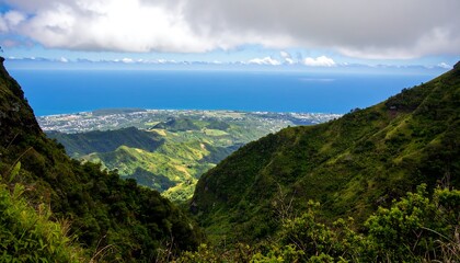 Lush mountain vista overlooking ocean valley