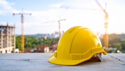 A bright yellow hard hat on a construction site foregrounds safety and professionalism, symbolizing the development and growth of the building industry.