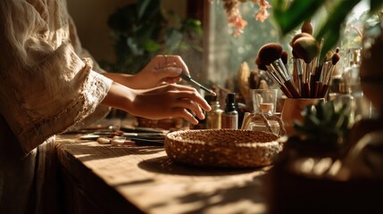 Creating natural beauty products in a sunlit workshop filled with plants and tools.