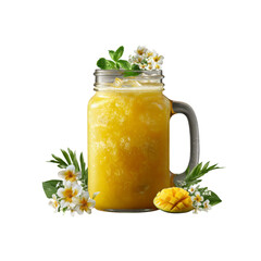 Refreshing Mango Smoothie in Mason Jar with Flowers and Mint
