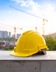 Vibrant yellow hard hat resting on a concrete beam, overlooking a dynamic construction site with towering cranes and new buildings, embodying safety, development, and the future of urban landscapes.