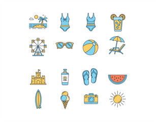 Collection of 15 summer-themed line icons featuring beach vacation, swimsuit, lemonade, ferris wheel, sunglasses, beach ball, sunscreen, beach chair, and watermelon

