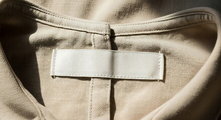 Blank label on beige linen shirt collar, perfect for branding mockups, product promotions, and minimalist designs