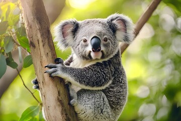 Fototapeta premium Gray koala clinging to tree branch in bright sunlight.