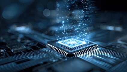 Close-up of a computer chip, glowing blue data particles emanating