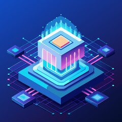 Abstract AI processor glowing hologram, isometric angle, embedded on nano semiconductor grid, tech vector style.