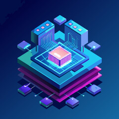 Futuristic AI processor hologram icon, isometric perspective, nano semiconductor board glowing in blue.