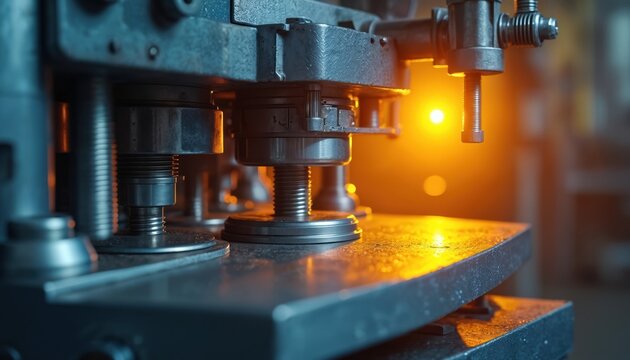 Heavy industrial metal stamping press machine close-up. Precision engineering, manufacturing process, automated production line. Robust steel components, hydraulic power, forging metalwork. Modern