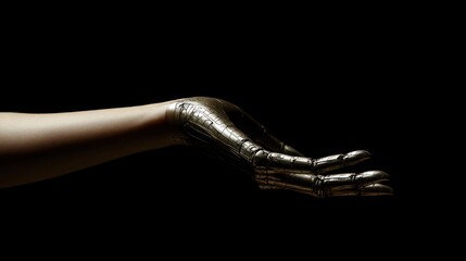 Futuristic metallic arm against dark background, symbolizing technology and innovation concept