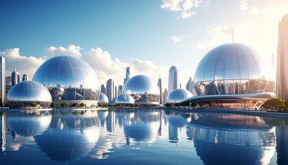Futuristic Cityscape with Floating Dome Structures and Water Reflections