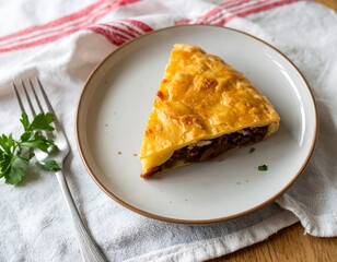 Golden Savory Pie Slice on Plate with Fork.