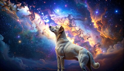 A captivating dog gazes upward at a vibrant and colorful cosmic expanse filled with nebulae and stars.