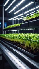 Rows of young plants under LED lights in a controlled environment