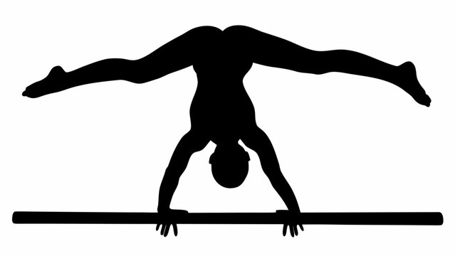 Silhouette of a gymnast performing a handstand split on parallel bars with outstretched legs and arms in black