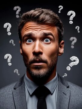 A surprised man in a suit with a shocked expression and question marks around him.