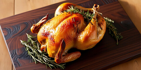 Delicious roasted chicken with fresh herbs served on rustic wooden board
