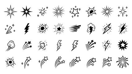 Doodle Sparkle Line Icon Set with Hand Drawn Stars, Comic Bursts, Twinkle Highlights and Firework Effects Vector Illustration
