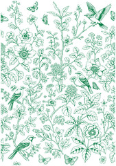 Mural. Bloom. Chinoiserie inspired. Vintage floral illustration.