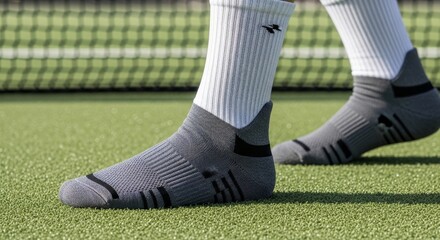 Obraz premium Professional Tennis Player Feet in White Sports Socks on Court