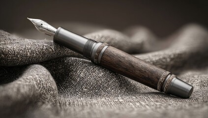 Naklejka premium Elegant wooden fountain pen rests on textured fabric