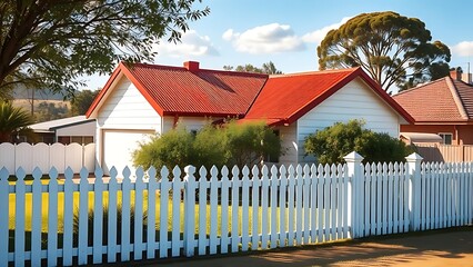 Charming single-story suburban house with a red roof and white picket fence under sunny skies.