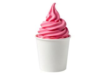 Strawberry soft serve frozen ice cream in a white paper cup for mockup, Isolated on transparent background, png