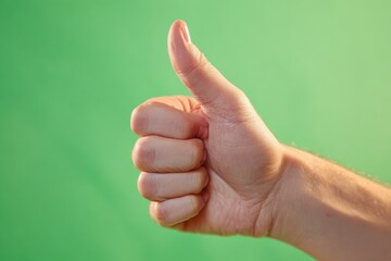 a close-up of human hand showing thumbs up gesture, clear details, sharp focus, studio lighting, green screen background
