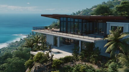 Obraz premium Luxury ocean view villa rental tropical paradise modern architecture design real estate investment property dream home