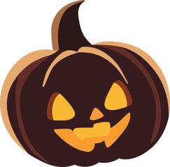 Spooky Halloween Jack-o’-lantern pumpkin illustration with glowing face, dark brown shell, and bright orange light inside. Perfect for festive Halloween decor and design projects.