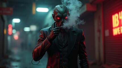 Dieselpunk Mutant Gangster Character - Weaponized Arms with Reptile Eyes in Neon Alley Crime Syndicate Scene