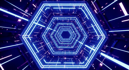 Abstract Futuristic Hexagon Tunnel with Glowing Neon Blue Lines. Digital Data Flow and Cyber Space Concept.