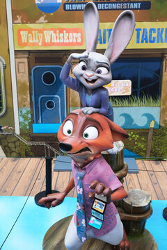 Shanghai,China-August 9th 2025: zootopia statue of judy hopps and nick wilde at "Zootopia Summer Fest" pop-up	