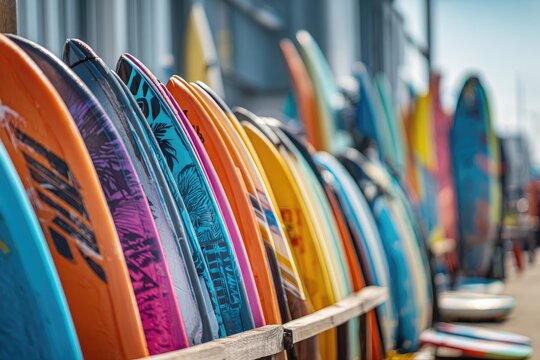 Colorful surfboards lined up for sale
