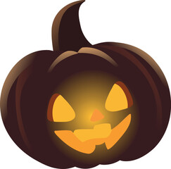 Spooky Halloween Jack-o’-lantern pumpkin illustration with glowing face, dark brown shell, and bright orange light inside. Perfect for festive Halloween decor and design projects.