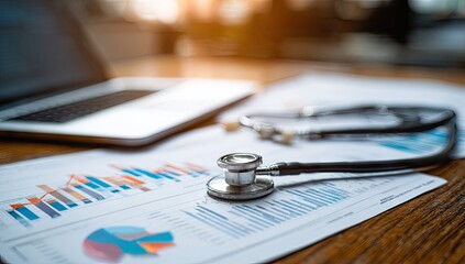 Medical data analysis, stethoscope on reports