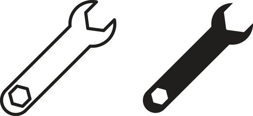Two wrench icons: one line art, one solid black, isolated on white. Perfect for repair, tools, or maintenance concepts.