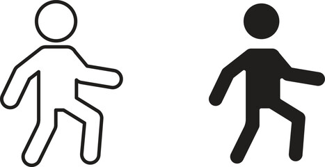 Simple walking person icon, available in outline and solid black styles, isolated on white.