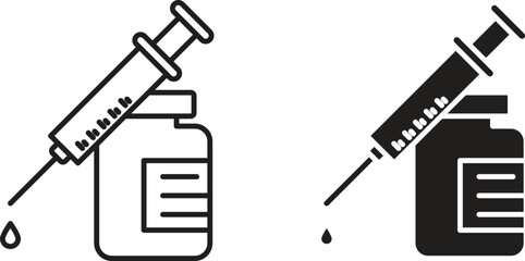 Line art and solid black icons of a syringe and medicine bottle. Medical, healthcare, vaccination concept.
