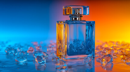 Perfume bottle with ice cubes. Blue and orange lighting background.