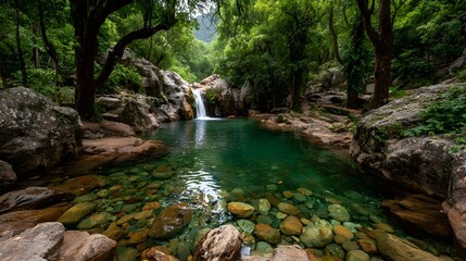 Fototapeta premium Beautiful waterfall cascades into a clear, shallow pool within a lush green forest. Smooth stones are visible through the transparent, pristine water.