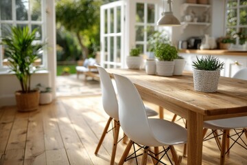 Obraz premium Bright and Airy Kitchen Dining Room with Garden View