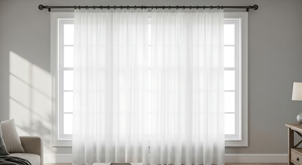 Obraz premium Elegant white sheer curtains framing bright window, casting soft shadows in modern living room with neutral tones