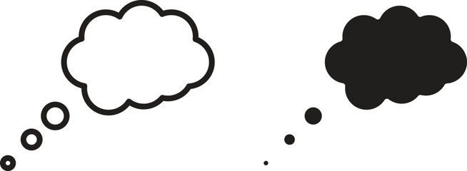 Two speech bubbles, one white and one black, with accompanying thought bubbles. Simple design, isolated on white.