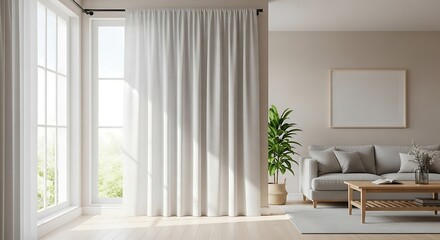 Bright and airy living room with neutral tones, sunlight streaming through the windows, creating a serene atmosphere