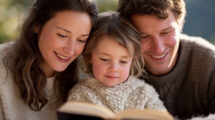 Caucasian family reading Bible book together in warm daylight portrait image. Parents and young daughter bonding photography human scene. Childhood memory concept photo-realistic