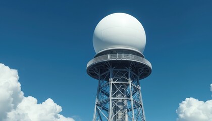 Weather radar tower with white dome against clear blue sky. Metal structure supports spherical sensor housing. Infrastructure for meteorological research, atmospheric observation, storm tracking.