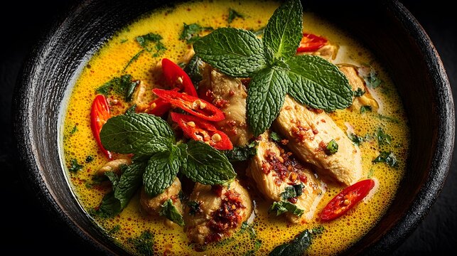Delicious bowl of Thai yellow chicken curry is presented in a dark, textured bowl, garnished with fresh mint leaves and vibrant red chili peppers.